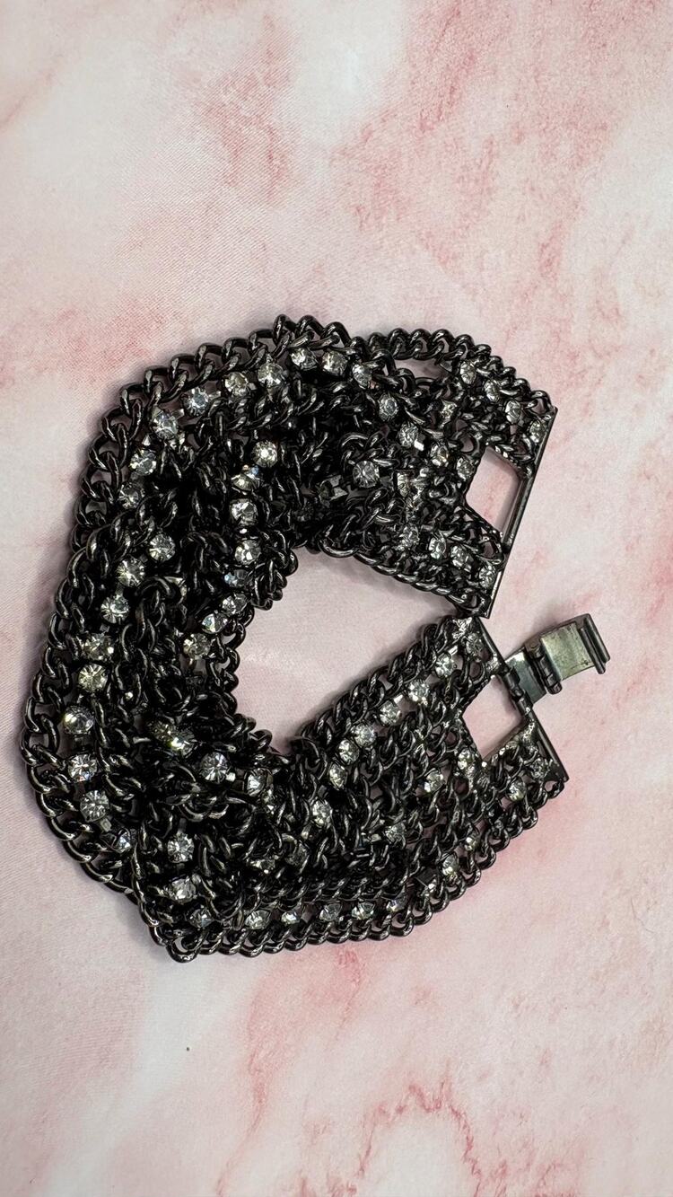 Vintage Gunmetal Rhinestone Wide Chain Bracelet Multi Strand Curb Clear Crystal